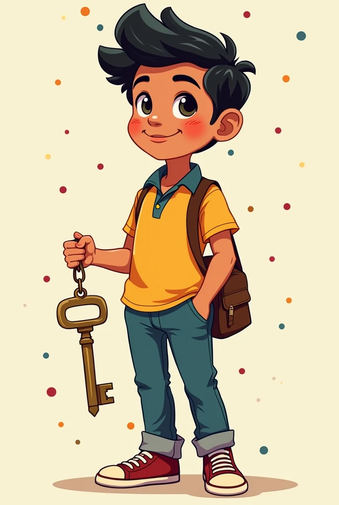 Very cute cartoon of a boy WITHOUT MUSTACHE, Formal dress, Without beard, He has a mustache, of Venezuelan nationality, wearing a bag, PANTS, shoe and v-neck polo, holding a giant key in front of a frame of small dots. Your head isn't big.. He has no beard or mustache