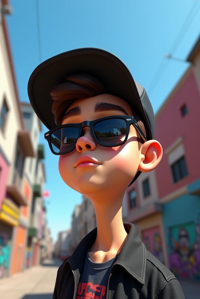 A teenage male with dark brown eyes, with peci, thick lips, high, thin and with cool expression, put on black oakley sunglasses,3d render