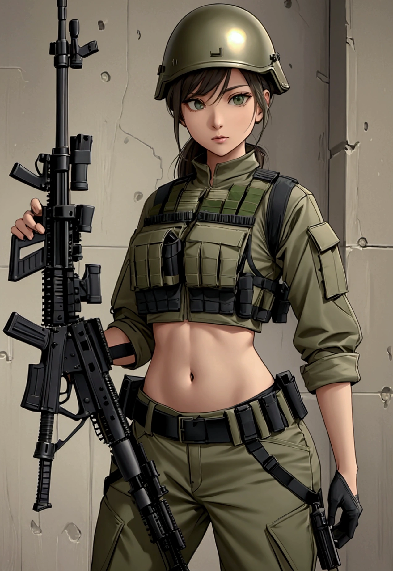 Women in crop top military bulletproof vest , military green cargo pants, belt, military helmet, tactical, (open navel), ((holding assault rifle))