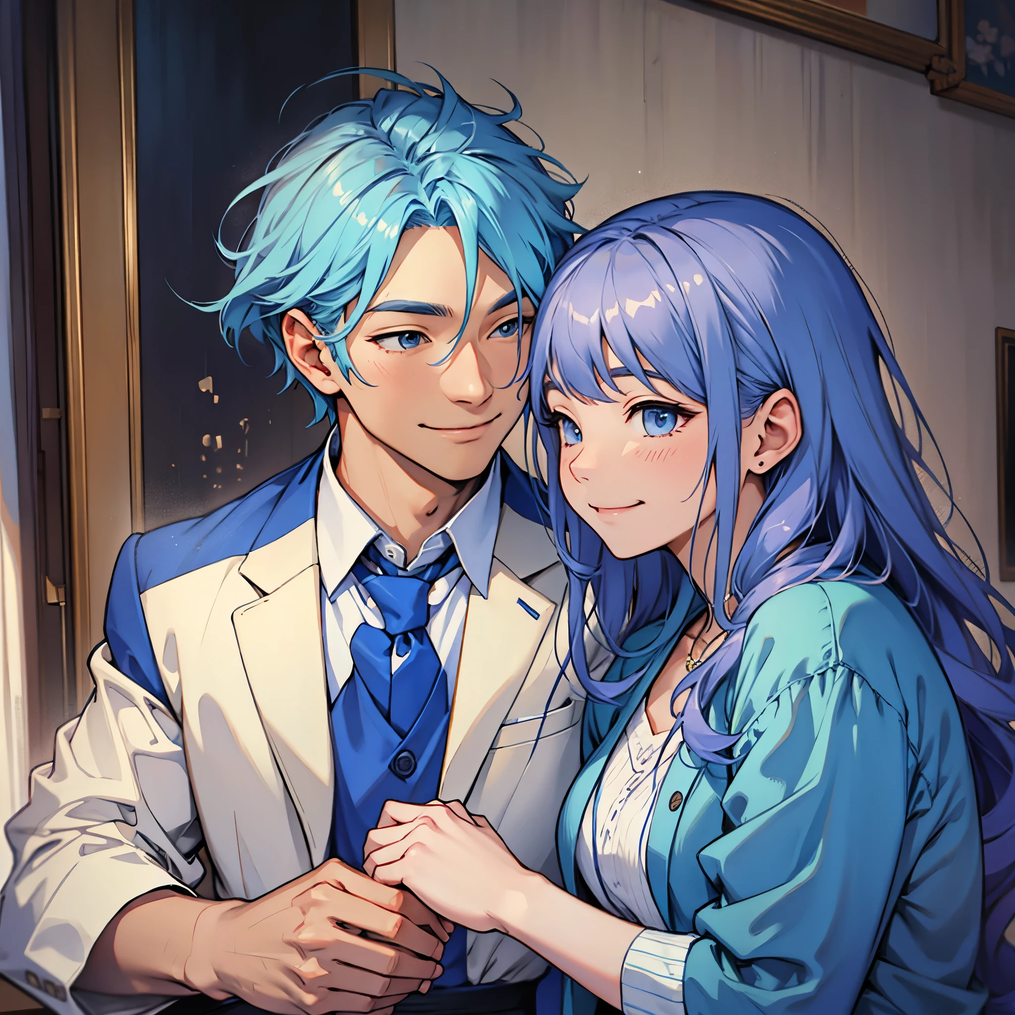 Imagine an MBTI advocate、A man and a woman in blue clothes smiling gently。In a gentle atmosphere。