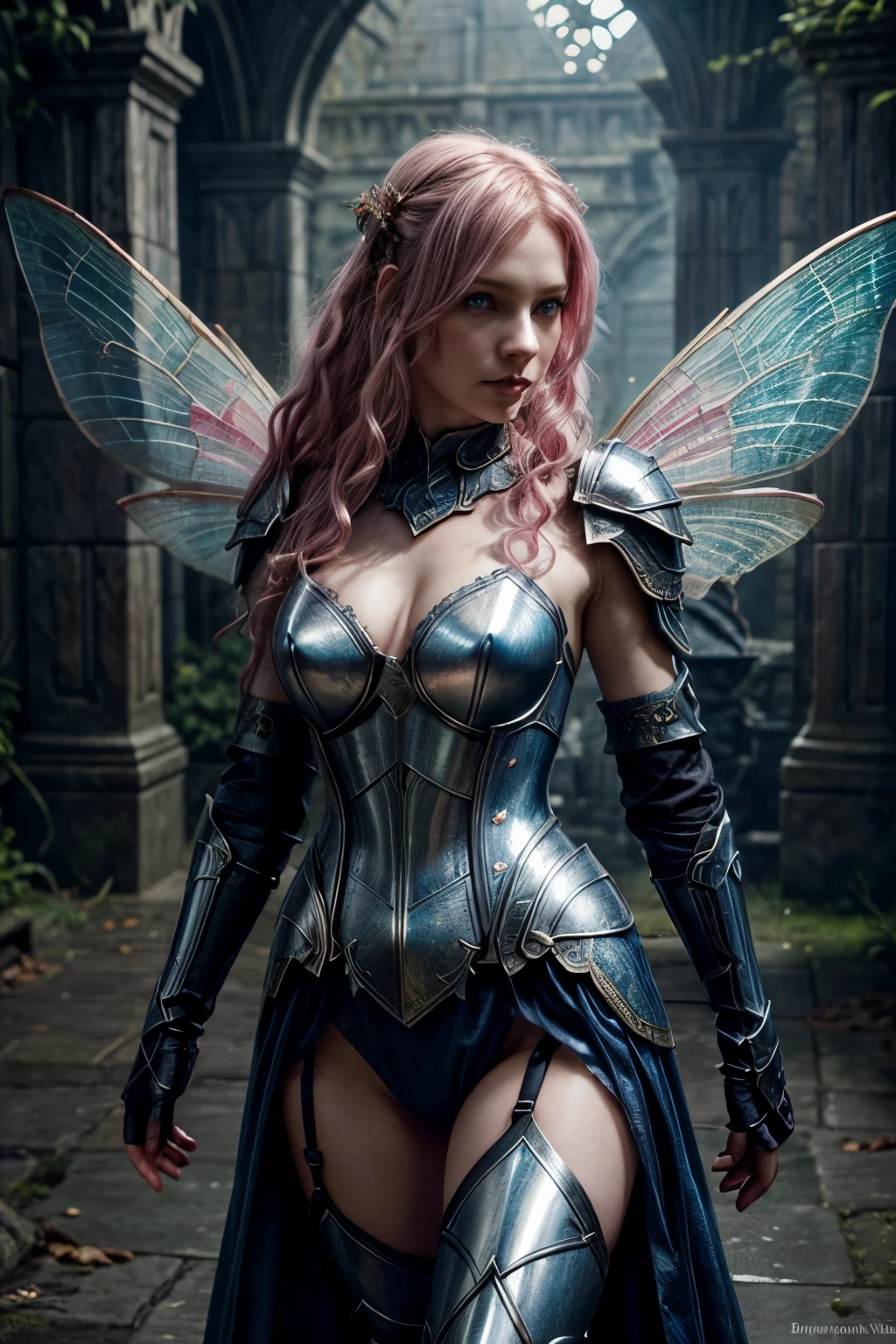 female fairy with curly pink, slightly ashy hair, pale skin color, Blue eyes, An insult, in armor, dark fantasy character design, epic exquisite character art, dark fantasy art, with the appearance of Freya Allan, dark fairy full view, Amazing character art. Dragonfly wings,
