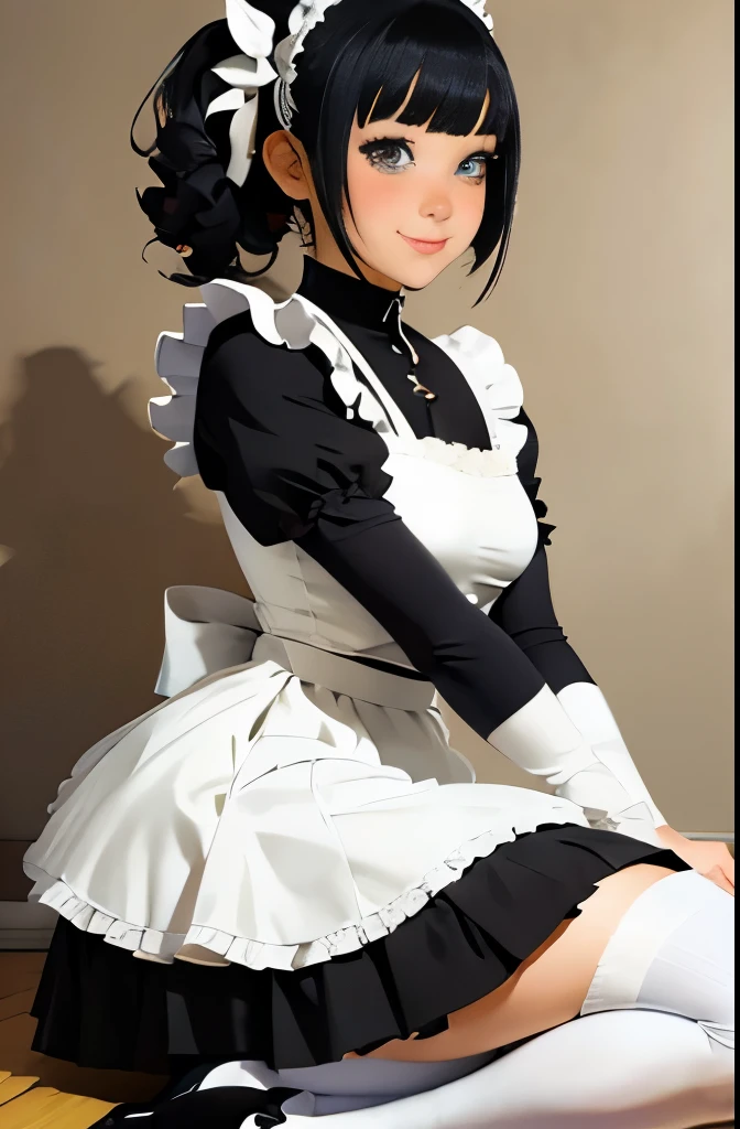 arafed woman in a black and white dress and white socks, a pastel by Tadashige Ono, flickr, shin hanga, maid outfit, maid costume, french maid, thighhighs and skirt, wearing maid uniform, gorgeous maid, maid dress, japanese maid cafe, wearing atsuko kudo latex outfit, cosplay of a catboy! maid! dress