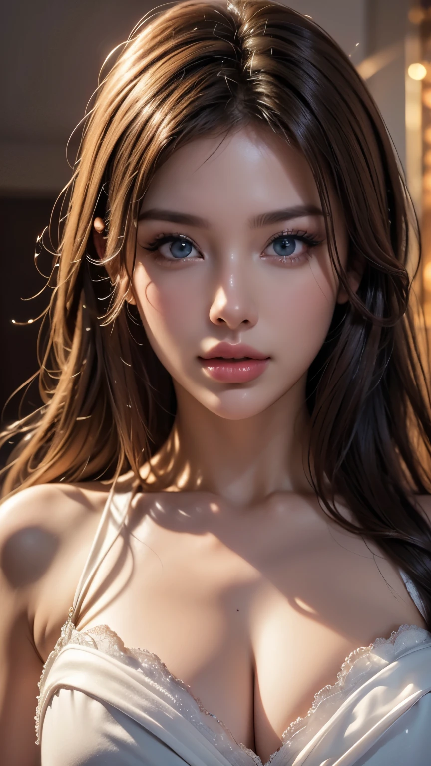 High-quality work，Realistic works，Super premium graphics，8K HD CG works，high quality graphics，High-definition and exquisite CG works，10x pixels，Ultra-fine details：1.1，Advanced technical details：1.1Realistic photo effects，Interior lighting effects：1.5，natural soft light：1.5. Light effect（Virtual light effects：1.8），ultra high resolution，Clear eyes，Double eyelids look good， pretty face, The face shape is perfectly proportioned, hyper photorealism, Cinematic lighting, projected inset, surrealism, Masterpiece, Realism，Amazing Cleavage