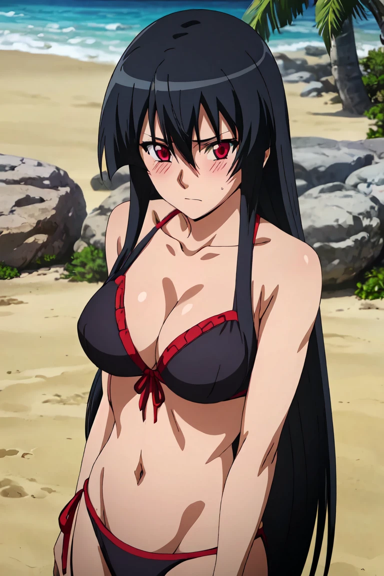 "A detailed and striking illustration of a female warrior with long black hair, dressed in a sleek and slightly revealing outfit with dark and red accents. She stands in a dynamic, heroic pose with one leg slightly forward and her sword held confidently in her hand, the blade pointing downward. The camera angle is a low-angle shot, capturing her from below, making her appear powerful and dominant. The background features a moody, twilight sky with clouds tinged in deep red, adding a dramatic atmosphere. The image is designed to emphasize her strength and allure, with cinematic composition, trending on ArtStation."