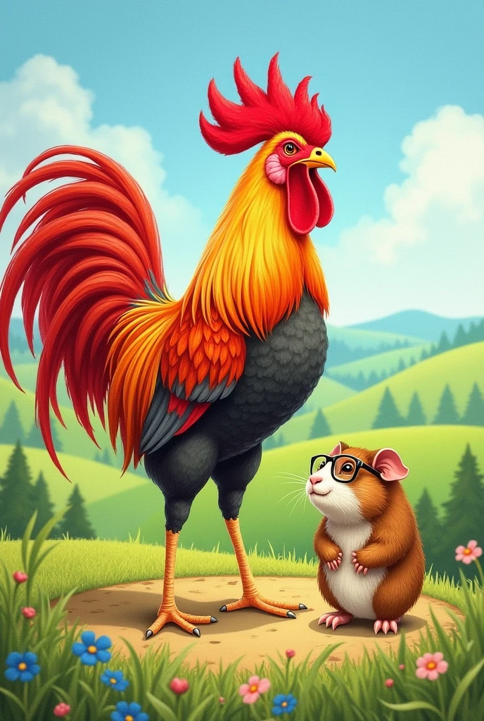 Create a drawing for the book cover of a fable in pencil style, Characters: The rooster and the guinea pig, both with human bodies