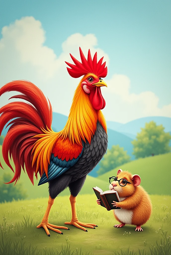 Create a drawing for the book cover of a fable in pencil style, Characters: The rooster and the guinea pig, both with human bodies