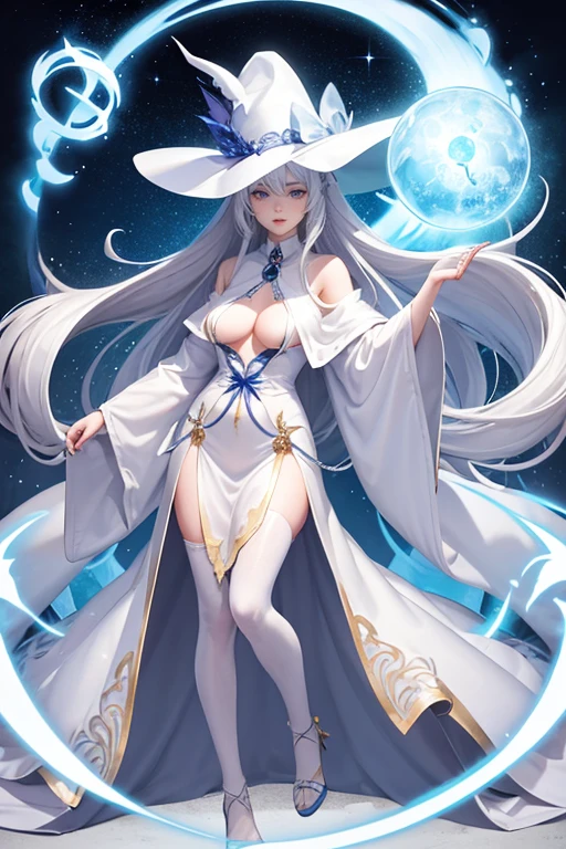 full body display、Magician Woman、18-year-old、Big white hat、The top of the hat is high、White Cape、White bodysuit、More exposed skin、Beautiful Face、white hair long hair、He is chanting a spell with a serious face.、The body is facing forward、holding a staff with a jewel shining at the tip、The cane is held in front、The background is a forest path、