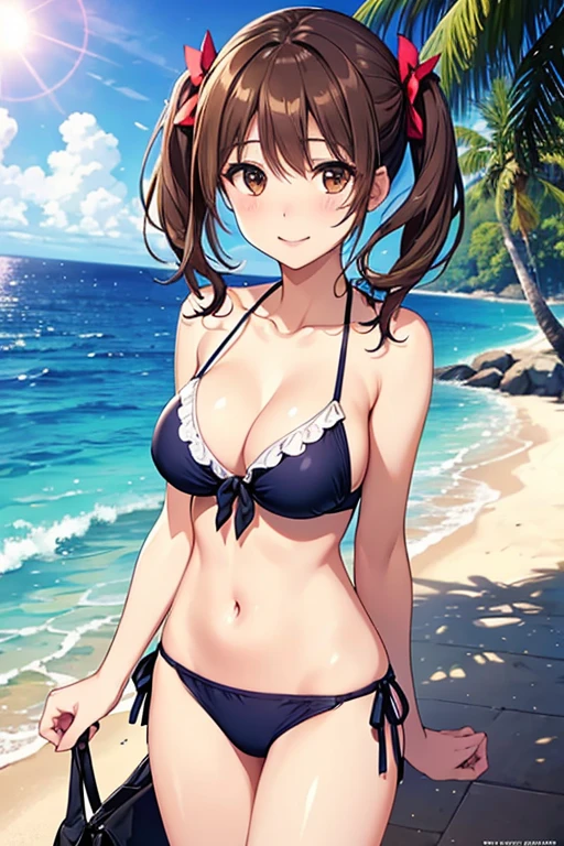 Yumi Fukuzawa、Shiny brown hair,Medium Hair, 、(( High Twintails、rabbit style)),Beautiful brown eyes、Sparkling eyes, fine grain、smile、Very fine eye、Very detailed顔, Very detailed目,Cowboy Shot、
(Photorealistic:1.4, 8k), Highest quality, masterpiece, 超High resolution, Perfect dynamic composition,Highest quality, Very detailed, Very delicate and beautiful, High resolution, Very detailedCG, masterpiece,
((Browsing Caution)),masterpiece、High resolution、High resolution、High resolution、1 female、Very close、((Women in super short bikinis))、Midsummer Beach、hot、Lens flare