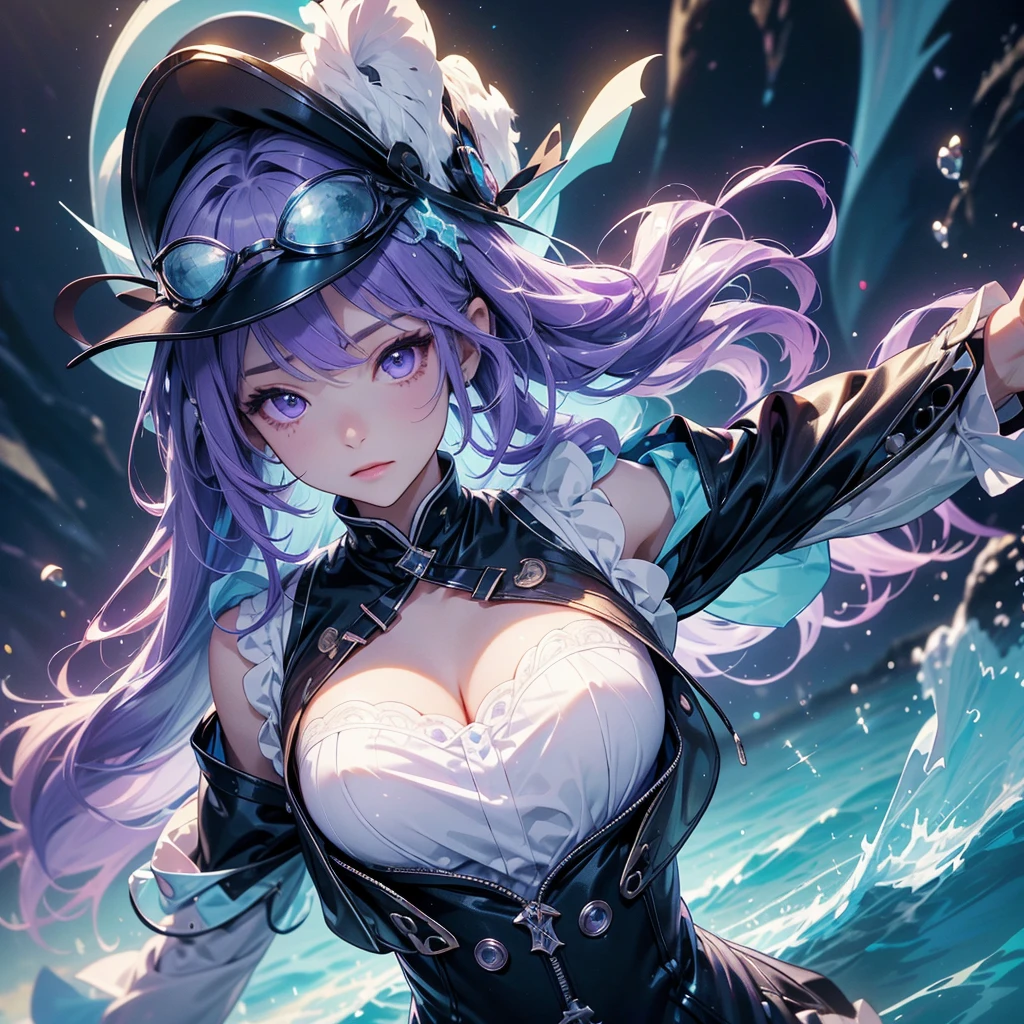 It looks like it's coming out of the screen.、Magic Art、Cyan ulblackholetech、cute、Highest quality、Masterpiece、Official Art、Dynamic composition、Super detailed、Perfect Anatomy、Hunting Hat、Unique hairstyle、Unique clothing、Dynamic Colors、Creamy white and purple hair color、