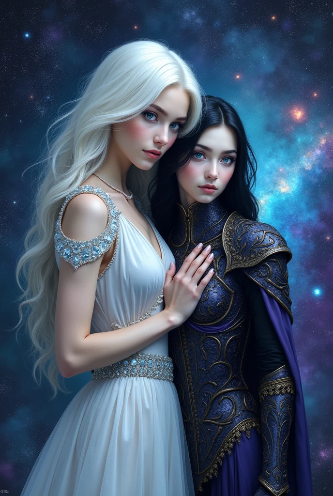 A book cover with a dramatic background in shades of black, blue and purple with various galaxies diffused in a nebula giving an air of mystery. In the front of the background is a white woman, incredibly pale, with white hair and blue eyes. She is wearing a delicate white dress with blue diamonds. She is resting her hands on her daughter's shoulders., also a woman, pale with blue eyes, but with black hair and wearing a celestial black-purple armor that looks forward with a somber and determined gaze..