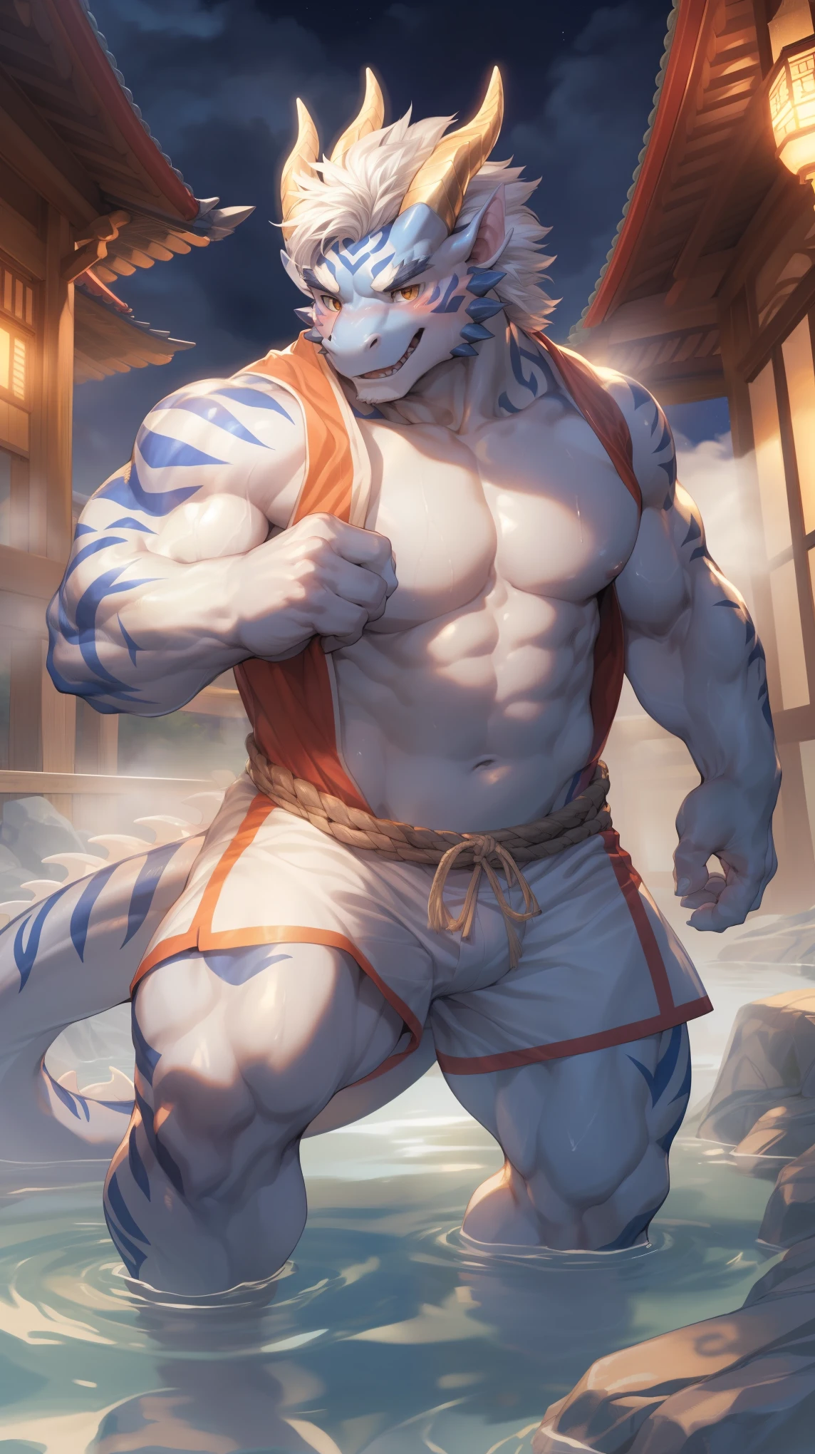 (By Empty Ghost, From thebigslick, By Dark Gem, Will chase), Keyuan Building (Onmyoji Daisenji Temple), High quality photos, Perfect anatomical structure, Anthropomorphic white dragon, male, 20 years old, (dragon print), Thick eyebrows, short hair, Strong body, Pectoralis major, White scales, Detailed teeth, Tight white vest, White shorts, Small bump, Pink milk clusters, 浸泡在Natural hot springs中, Partially submerged, Open your thighs, (Dynamic poses:1.5), Shy expression, A faint smile, blush, Golden pupils, Look up at the audience, Clear facial features, Strong, solitary, top view, Full body portrait, night, Foggy atmosphere, Sweating in the legs, In the valley, Natural hot springs, White pebbles can be seen everywhere, wild plants, (By Empty Ghost, From dragon20, masterpiece, high quality, high resolution, 8k)
