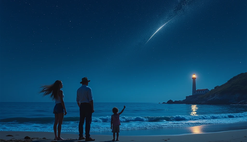 sea with sky full of stars and 3 people watching