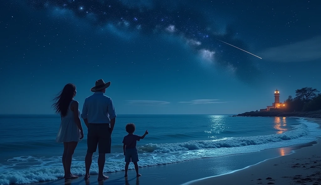sea with sky full of stars and 3 people watching