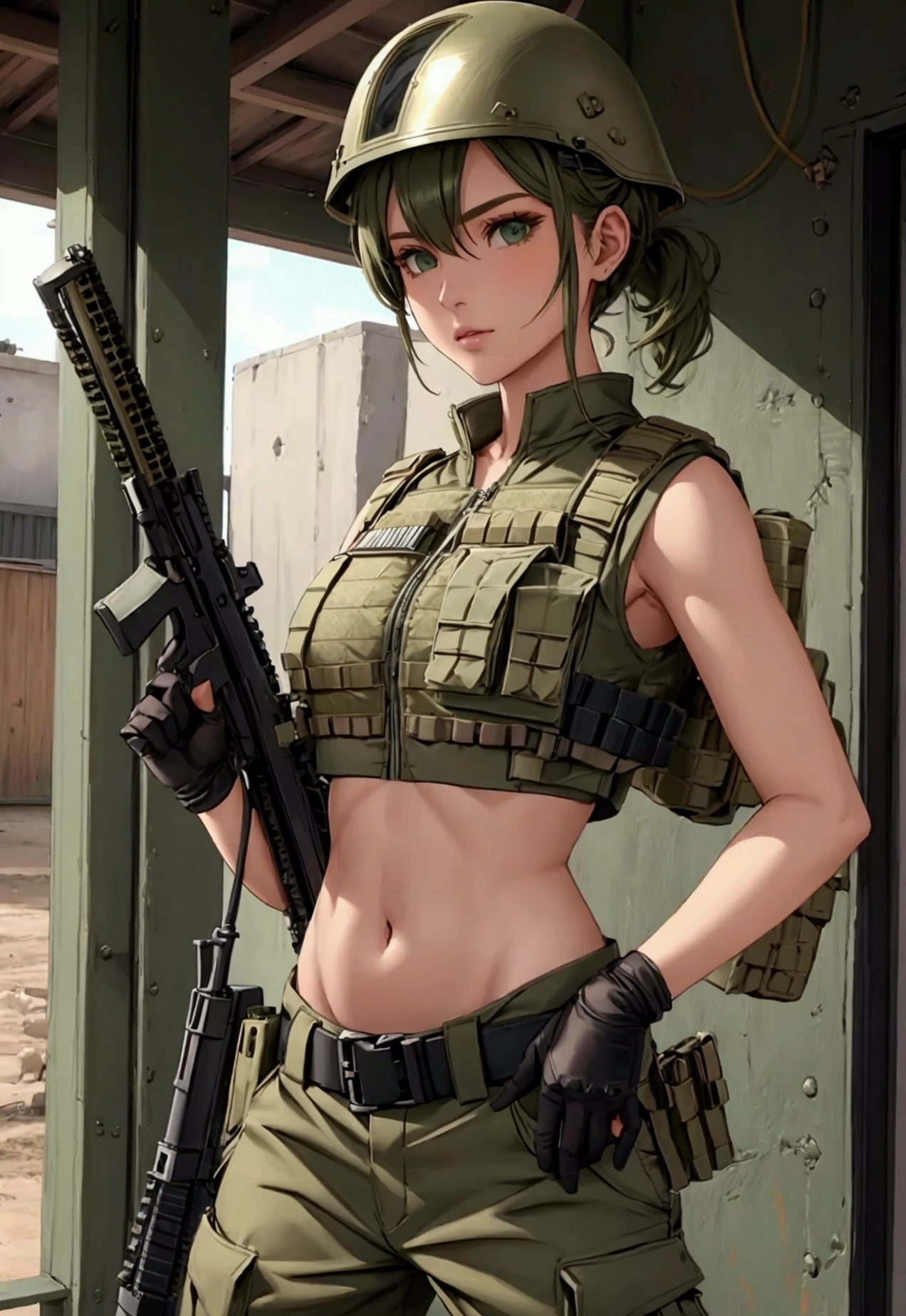 Women in crop top military bulletproof vest , military green cargo pants, belt, military helmet, tactical, (open navel), 