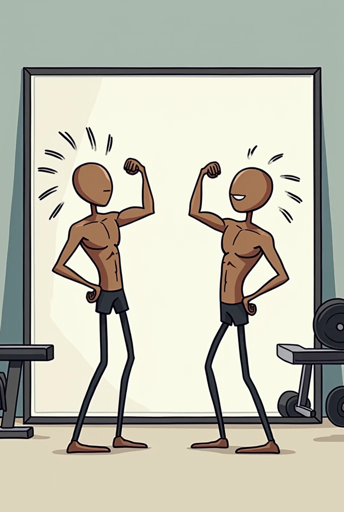 Two strong stick figures posing in a gym mirror in stick figure style