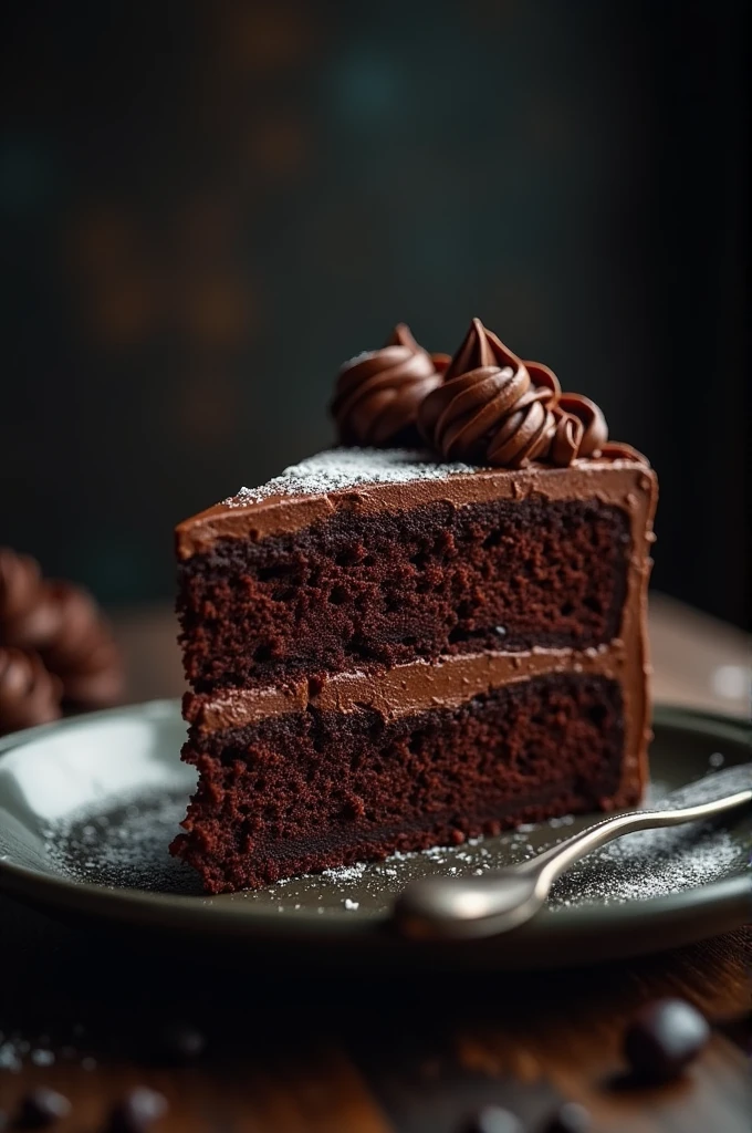 Cinematic Film Still Chocolate、Chocolate cake、Dark background、High quality photos、Wet Texture、Frosting、Studio Photo、slice。Shallow depth of field、Vignette、high detail、High budget、Bokeh、CinemaScope、Moody、grow、gorgeous、Film Grain、granular。