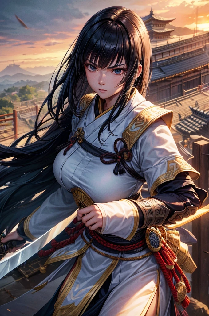 Armored１People Women, Asian Woman, Holding a large sword, sad, Intimidating Appearance, Old Japanese samurai clothing, Wearing light armor, Tight waist, Black Hair, Long Hair, black eye, Five fingers, An old Japanese castle in the background, big hair, cinematic lighting, cowboy shot, anime, UHD, retina, masterpiece, accurate, anatomically correct, textured skin, super detail, high details, high quality, award winning, best quality, highres