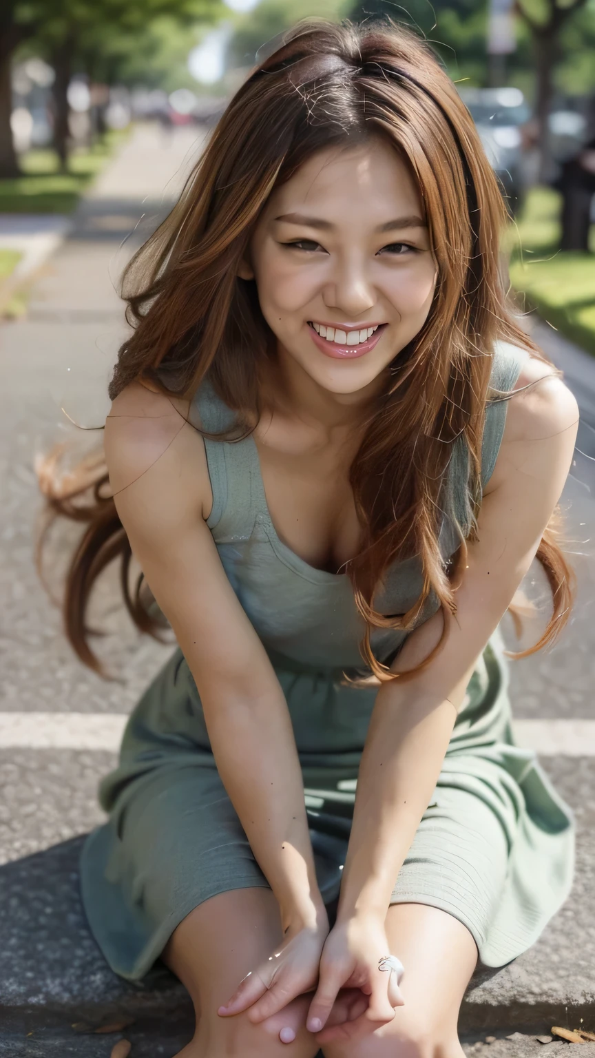 A gal bending over to pick up something from a park in Tokyo.、Black gal:1.3、the wind is strong、(Realistic、Like a photograph、Live Action、8k, Realistic, RAW Photos, Best image quality: 1.4), Single-lens reflex camera、RAW Photos, Highest quality, Realistic, Highly detailed CG Unity 8k wallpaper, Written boundary depth, Cinematic Light, Lens flare, Ray Tracing, Realistic background、(Black tight dress:1.4、Breast flash:1.3、(Squint your eyes and laugh、smile:1.3))、((Golden inner color hair:1.1))、cute japanese gal、((whole body:1.5))、(Long Hair:1.2、My hair is blowing in the wind:1.5)、I like that style、stylish、Very detailed、Pay attention to the details、Perfect outfit、(Sunburned skin)、Beautiful legs:1.1、View from above、Accurate Arm、meet in the park
