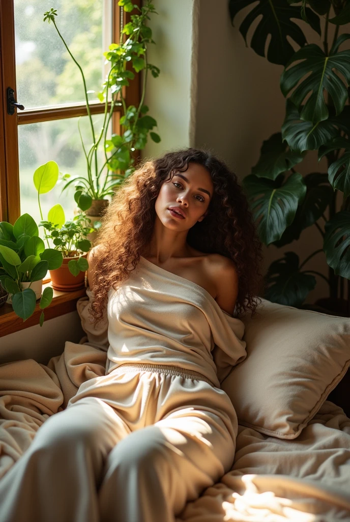 (photorealism:1.2), beautiful woman, sitting on bed, wearing loose off-shoulder top, pajama pants, long curly hair, indoors, soft lighting, plants in background, window with sunlight, cozy room, relaxed pose, realistic, intricate details, warm colors, by Greg Rutkowski, by Alphonse Mucha
