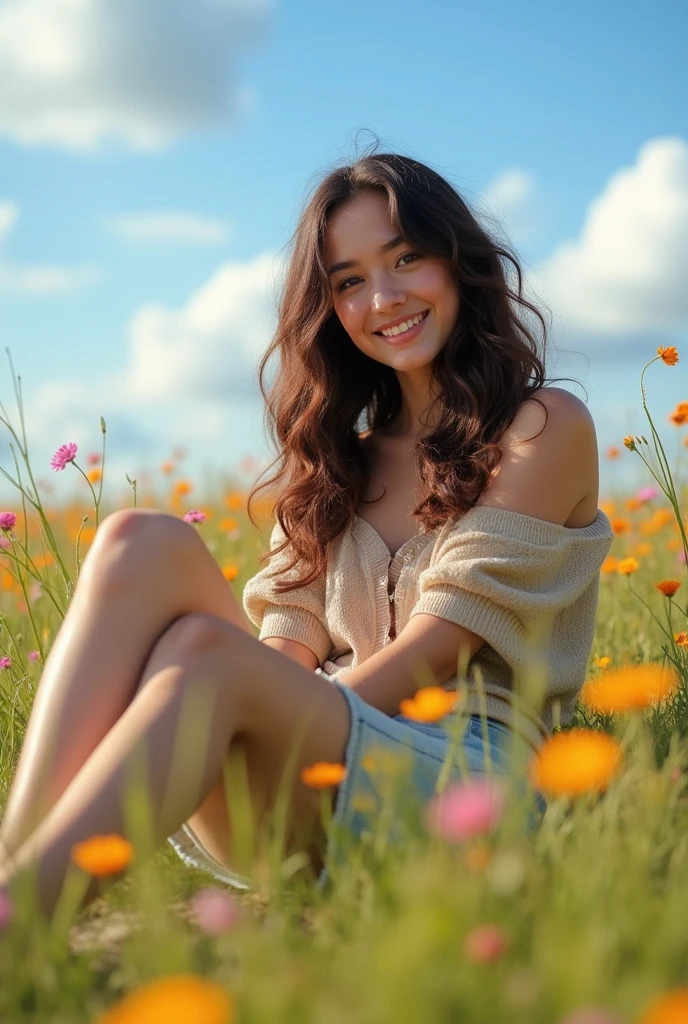 A brunette girl with curly hair and big breasts sits with her legs stretched out, taking a realistic photo