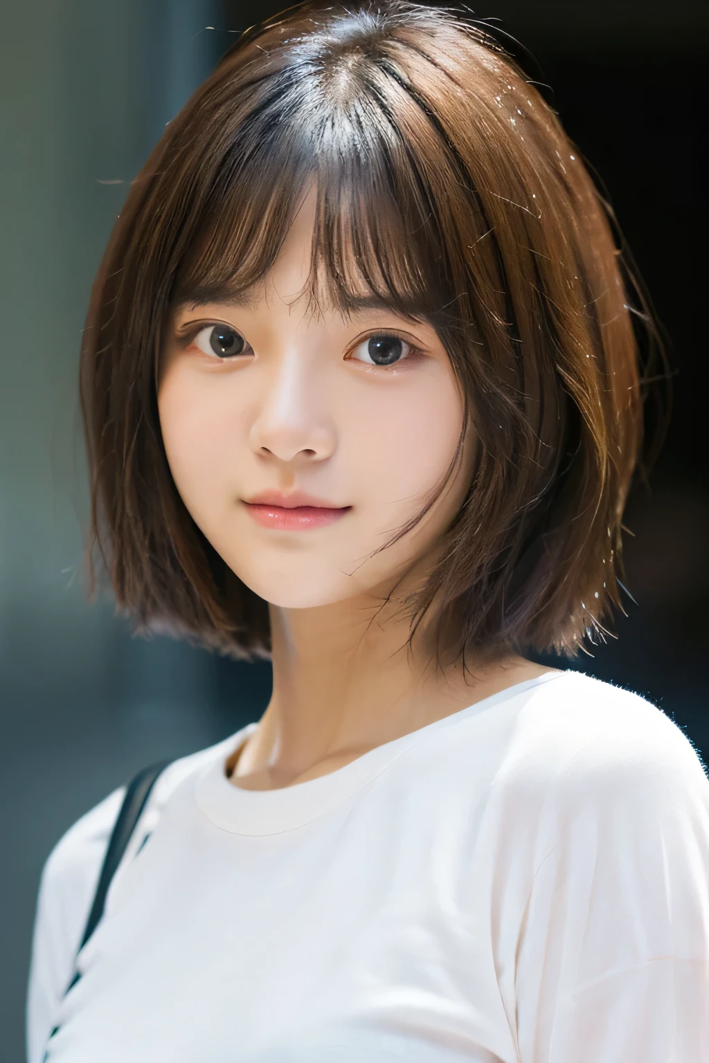 student girl korean cute　face　model studio photo background in departemen store highly detailed ,8k, masterpiece ,short hair 