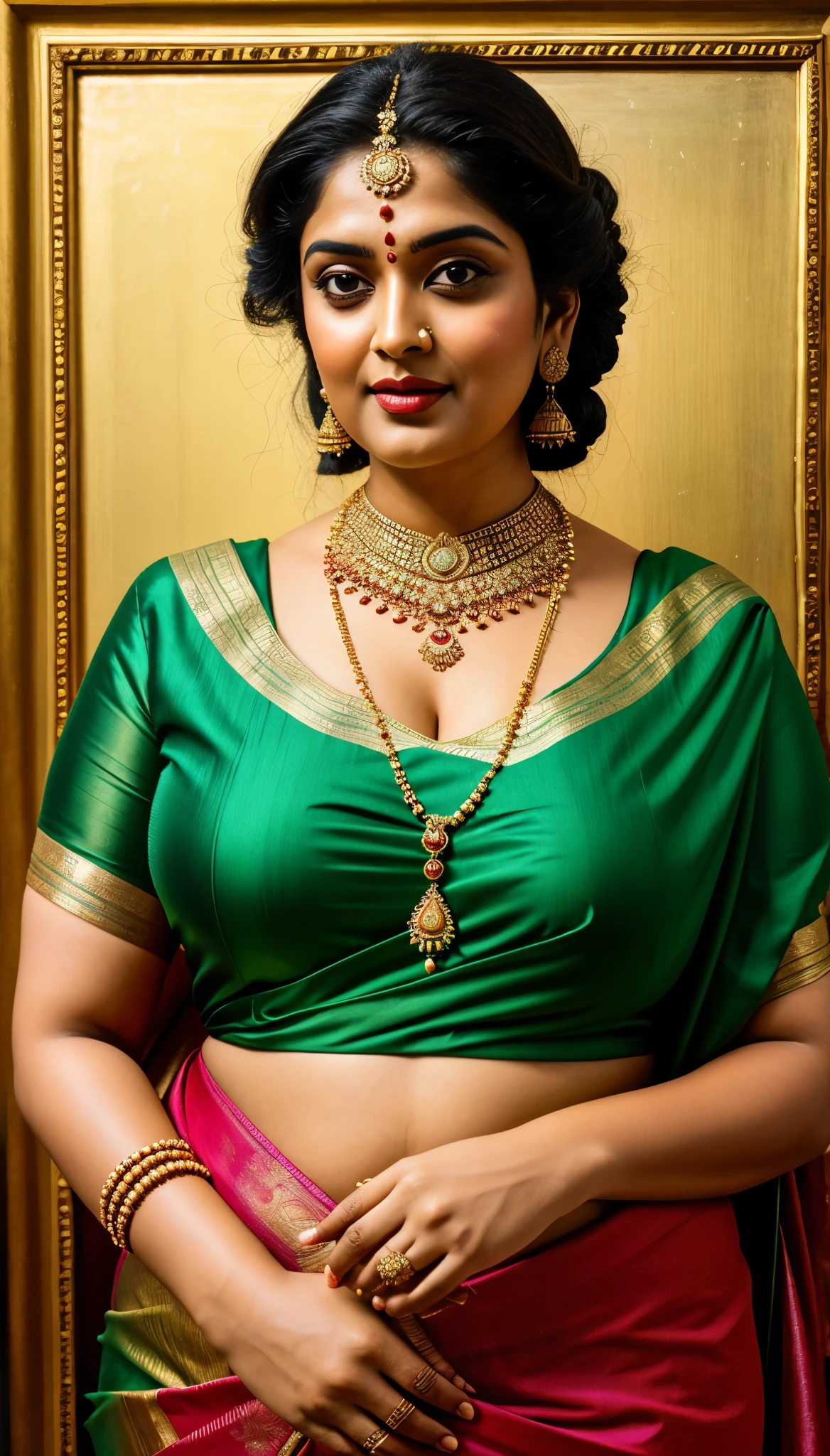 Beautiful painting of a woman in a sari with a necklace and earrings, beautiful thick figure, Thick curvy beauty, looks like Sandeepa Dhar, inspired by Raja Ravi Varma, szukalski ravi varma, Full figured woman, attractive figure, captivating beauty, enchantress, portrait of a beautiful goddess, by Raja Ravi Varma, indian goddess, traditional beauty, a stunning portrait of a goddess, inspired by T. K. Padmini, indian art, indian goddess of wealth, portrait of a goddess
