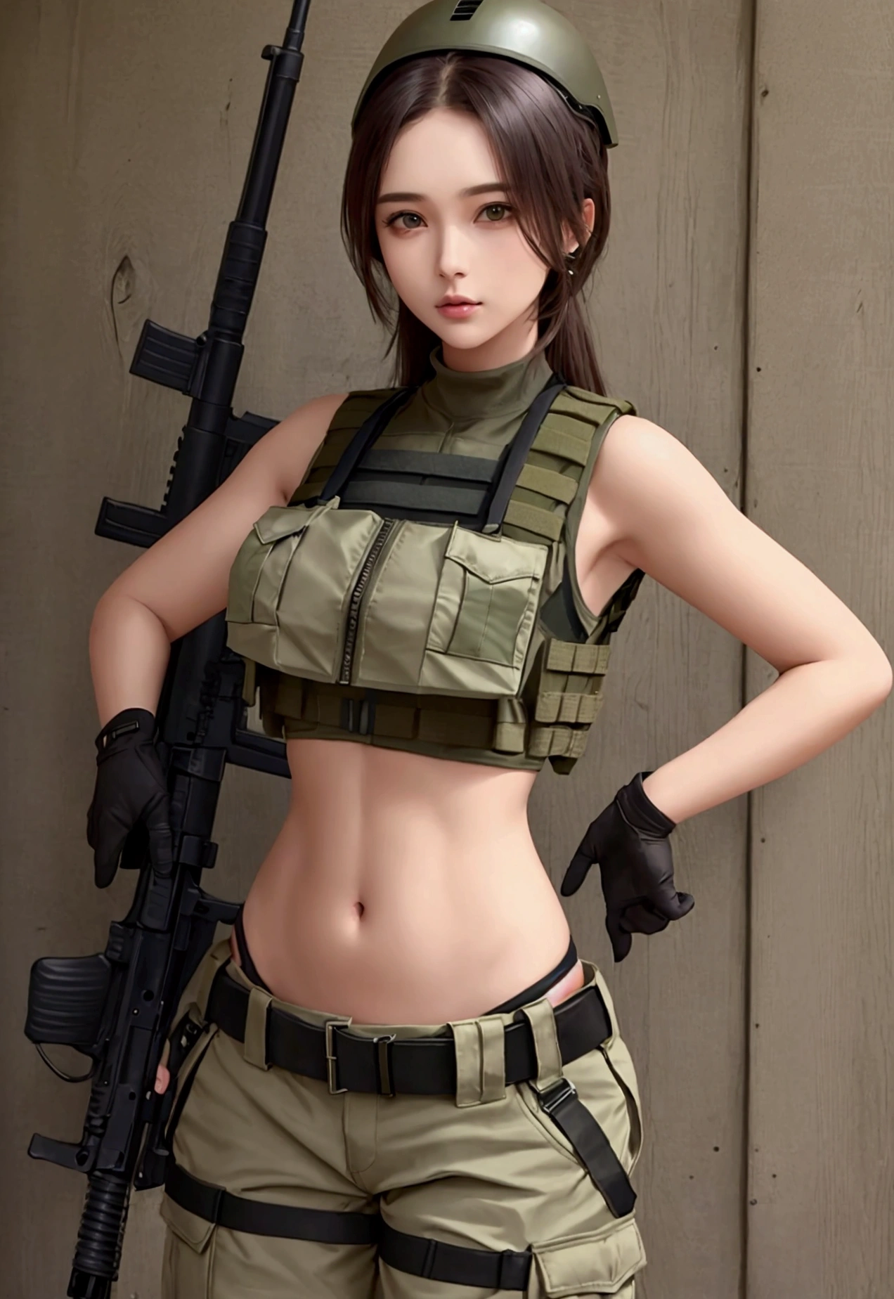 Women in crop top military bulletproof vest , military green cargo pants, belt, military helmet, tactical, (open navel),