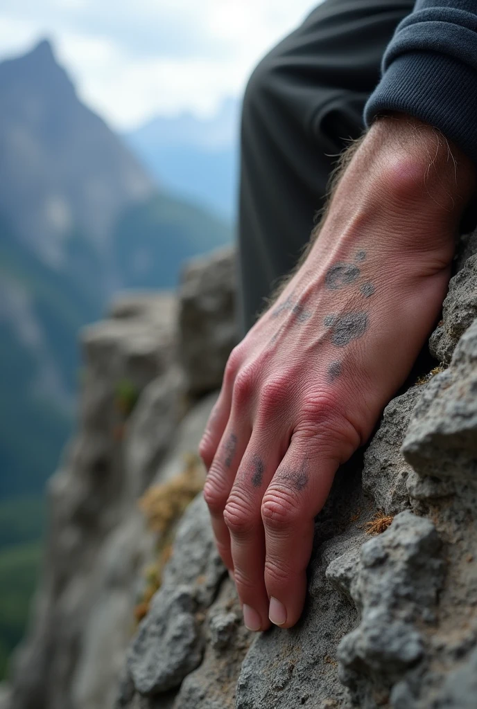 Hands close-up, Mountaineer, Strong hands, Touching rock, Strength, Skin wrinkles, Earth and wounds, Light and shadow contrast