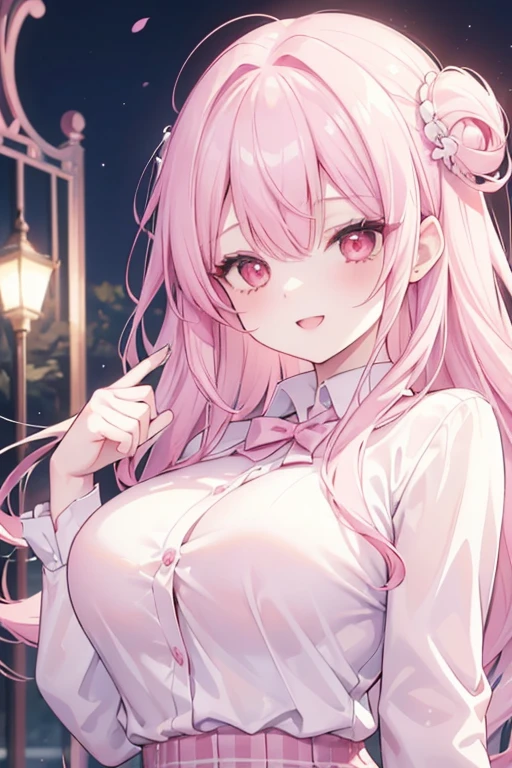(masterpiece, best quality), intricate details,
1girl, pink hair, red eyes, light pink hair, white hair tips,
Big breasts, smiling, opened mouth, wear white shirt, long Sleeve shirt, pink checkered shirt, Park background