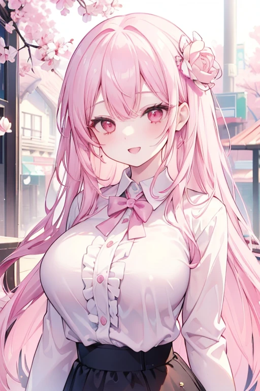 (masterpiece, best quality), intricate details,
1girl, pink hair, red eyes, light pink hair, white hair tips,
Big breasts, smiling, opened mouth, wear white shirt, long Sleeve shirt, pink checkered shirt, Park background
