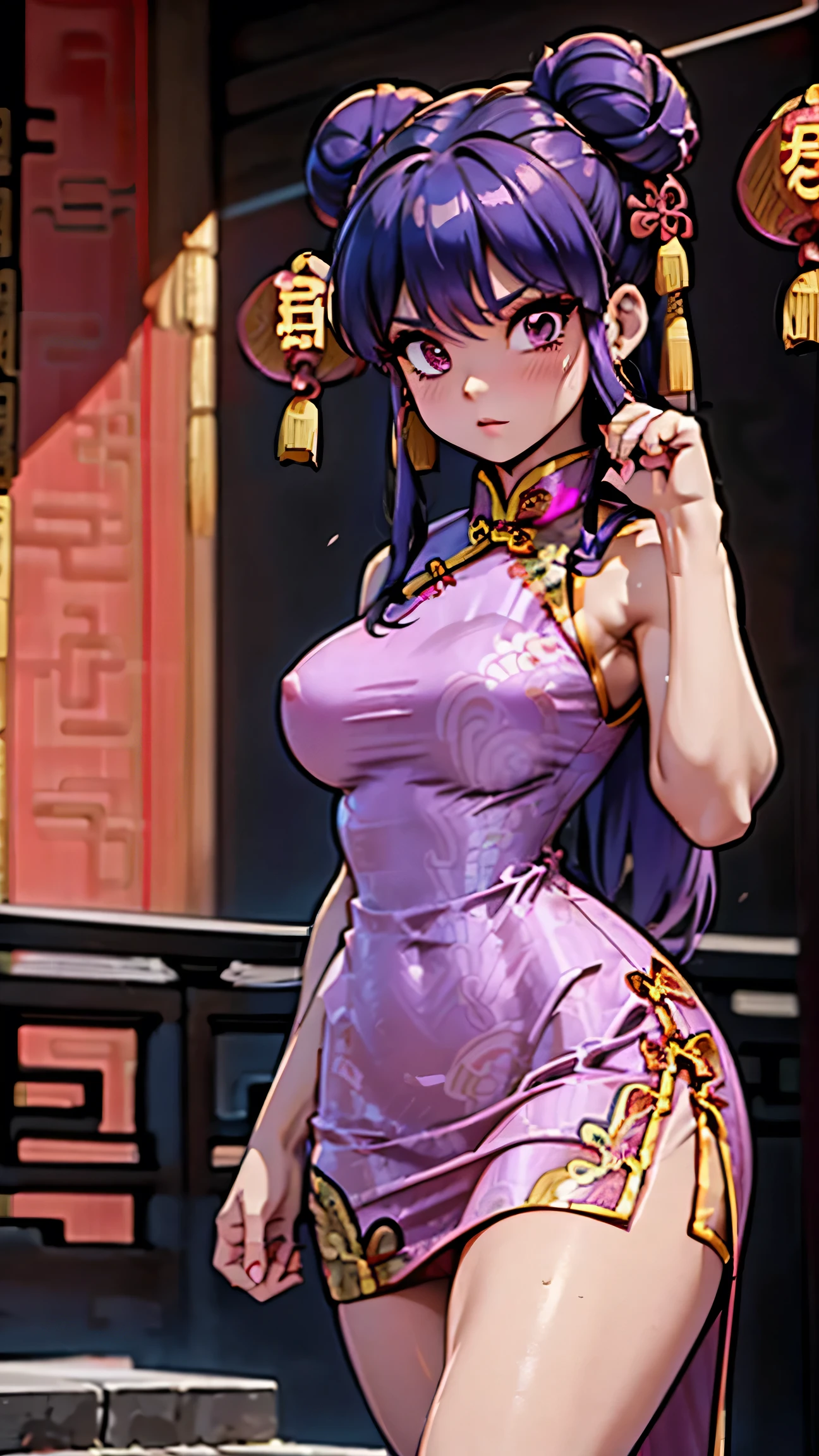 shampoo, head buns, sexy, fitness, ,thick thighs, tonned body, thin waist, large hips, small breasts, purple hair, (traditional chinese pink dress:1.5), shredded abs, thick calves, full body, perfect body, beautiful, sexy, teasing, long legs, sneakers