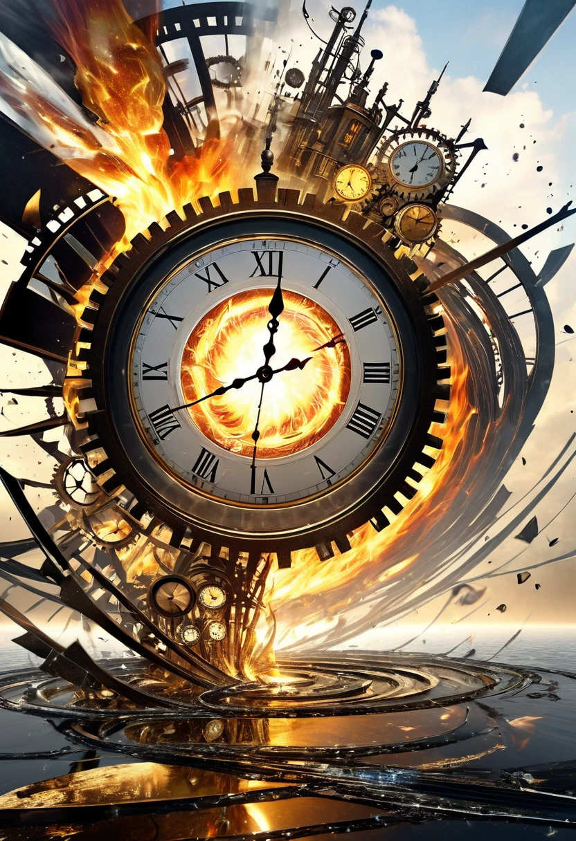 shattered cracked glass, fusion of (cyber, diesel, clock, steam) punk and (water, fire, earth, wind) punk, conceptual installation art, 2.5D, delicate and dynamic, artistic, hyper, graphic CG digital art