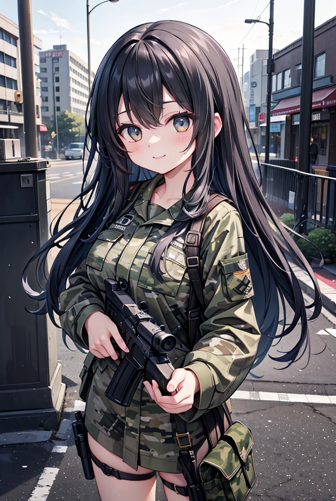 One person, High resolution, Long Hair, Gaze, smile, masterpiece, accurate, Highest quality, Ultra high definition, Large Breasts, high school girl、hoot the handgun、Urban background、Shoot a handgun、Sniper、special forces、Multicam camouflage uniform
