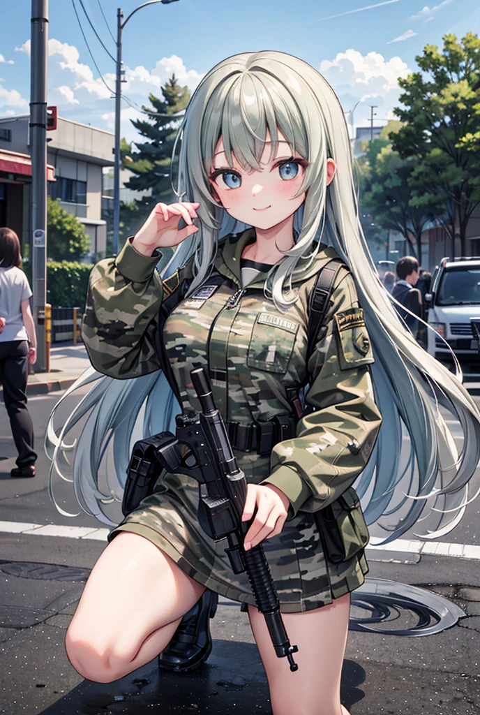 One person, High resolution, Long Hair, Gaze, smile, masterpiece, accurate, Highest quality, Ultra high definition, Large Breasts, high school girl、hoot the handgun、Urban background、Shoot a handgun、Sniper、special forces、Multicam camouflage uniform