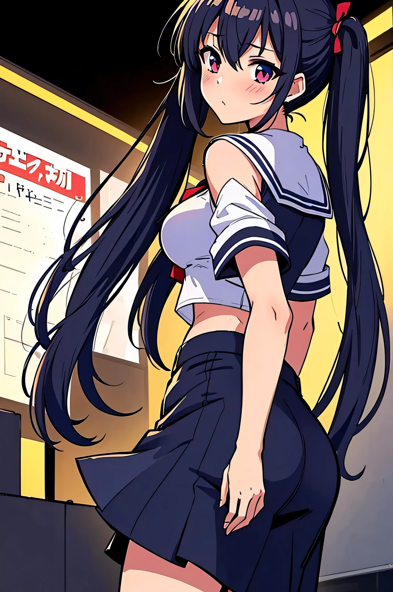 masterpiece, best quality, HuTaoV4, 1girl view, solo, blush, twintails, long hair, hair between eyes, ((streetwear clothes)), city, outdoors, night, movie poster, extremely detailed, smooth, high resolution, ultra quality, cinematic lighting, ambient occlusion, all intricate details, anime, detailed faces, perfect composition, wide shot, atmospheric lighting, very sexy, lift skirt, random low back angle, uncensored, nsfw, sin censura