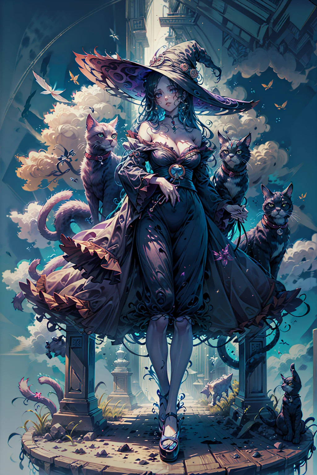 A very beautiful witch、Multiple very large cats、Witch&#39;s Familiar Cat、The witch is diligently hitting the cat、The cat is standing upright on two legs、Cats are very eerie、A group of bakeneko
