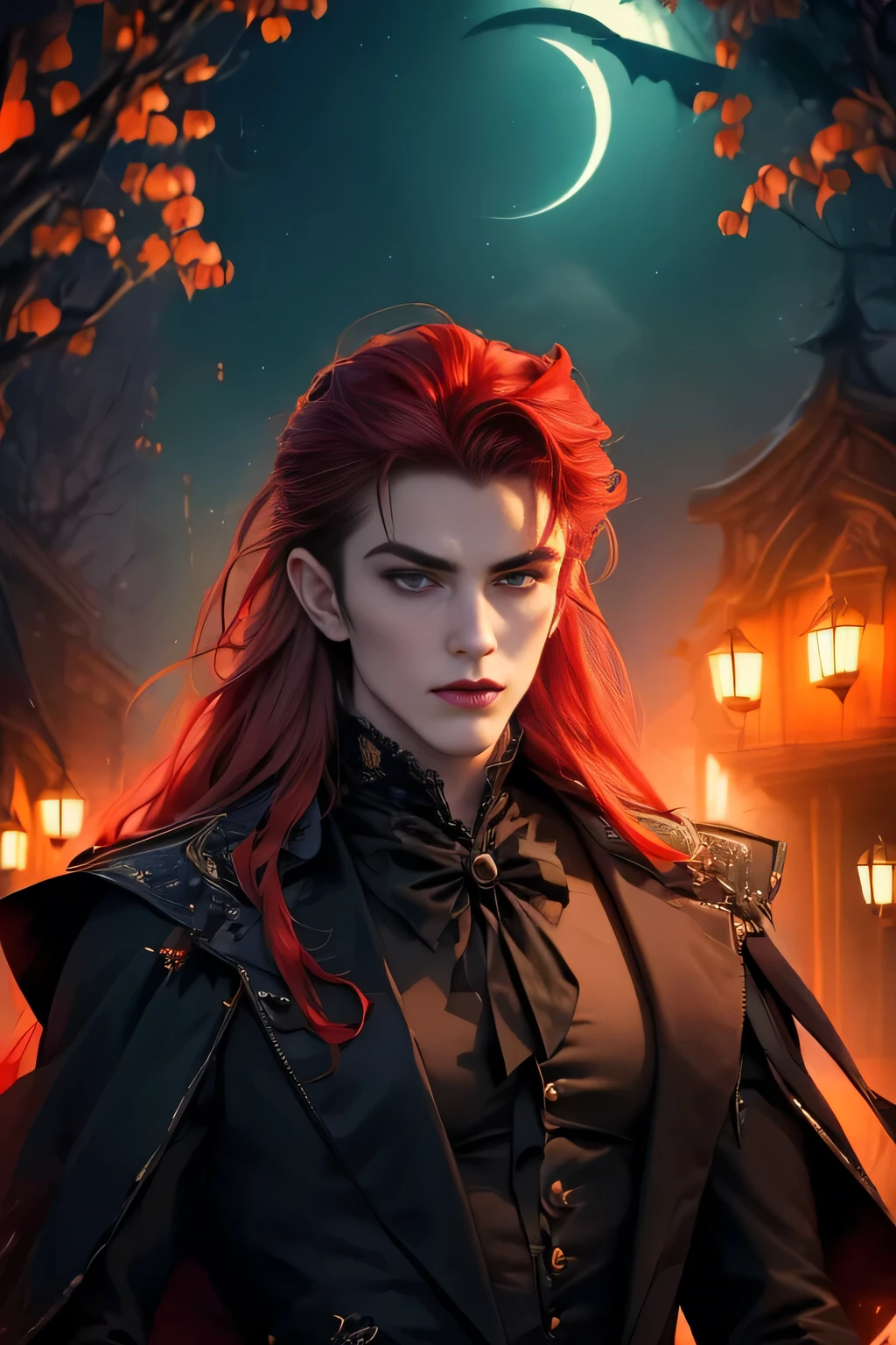 ((Best quality)), ((masterpiece)), 8k (detailed), ((perfect face)) ((halfbody)), perfect proporcions, perfect proporcions, he is a handsome man, he is 18 years old, vampire male, halloween style, red hair, pointed ears, victorian clothes, night sky (perfect face)) ((vampire ambience)) halloween ambience, halloween, very long hair, victorian vampire