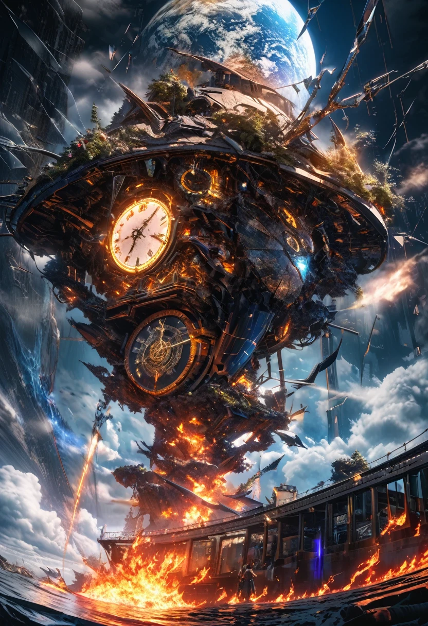 shattered cracked glass, fusion of (cyber, diesel, clock, steam) punk and (water, fire, earth, wind) punk, conceptual installation art, 2.5D, delicate and dynamic, artistic, hyper, graphic CG digital art
