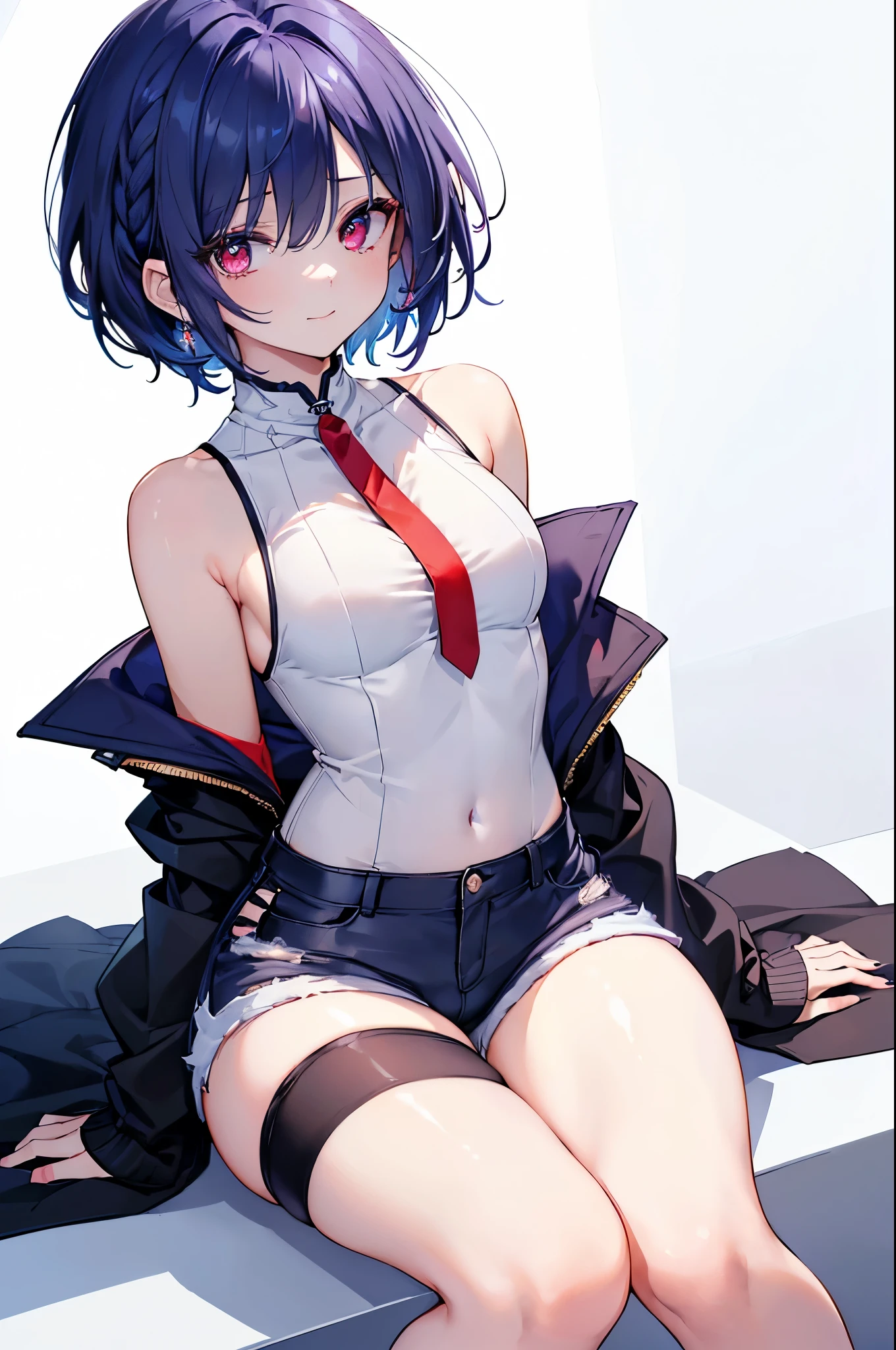 {{masterpiece}}, The best quality of life, 超High resolution, Attention to detail, high quality, High resolution, 最high quality, 4K, 8k,Attention to detail,((short indigo hair、Deep blue short hair)Braided Hair) 、 Cute female, 、One woman、(((Crimson Eyes、Red eyes、Red eyes、Beautiful attention to detail,A woman with beautiful eyes)))、Expressionless adult woman、((White background))、small but well-shaped breasts,、(((Sleeveless with white high neck、Black short hot pants、Knee-high socks)))、standing smiling、Cute Smile、Small earrings