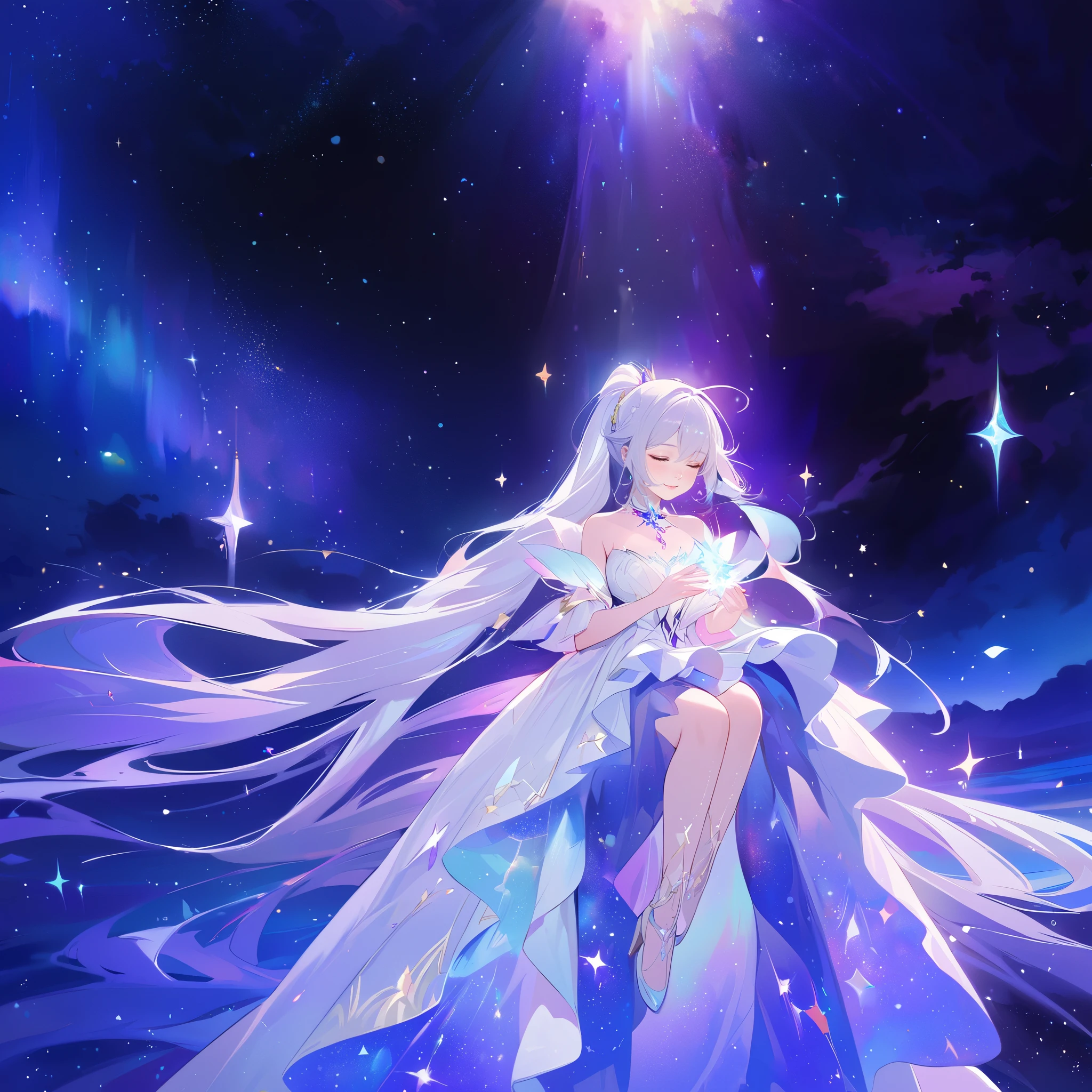 (best quality,4k,8k,highres,masterpiece:1.2),ultra-detailed,realistic:.5,1girl,kiana_kaslana_\(herrscher_of_finality\),sitting in the air,floating in a sea of stars,vibrant color palette,wearing a flowing gown that billows out and reflects the night sky, ponytail,holding the crystalline seed of a new world in her cupped hands,effects of light and shadow,subtle glimmering jewels,ethereal atmosphere,serene ambiance,mysterious,soft moonlight filtering through clouds,vividly colored starry sky,harmonious blend of nature and art,impeccable craftsmanship,transcendent beauty,awe-inspiring artwork,aurora,goddess of galaxies,sharp focus,uhd,