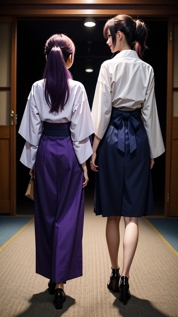 Shinobu Kochou, 忍び装束の女reach, Perfect Anatomy, A shot of their backs as they turn around., Long purple hair, blue eyes, looking at the camera, Tight full-body hakama, reach