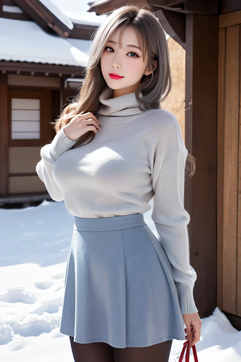 highest quality, Japanese girl, gray hair, blue eyes, sweaterdress, high waisted skirt, pantyhose, realistic, floating hair, lots of snow, detailed face, winter, sunlight, realistic, big breasts, red lipstick