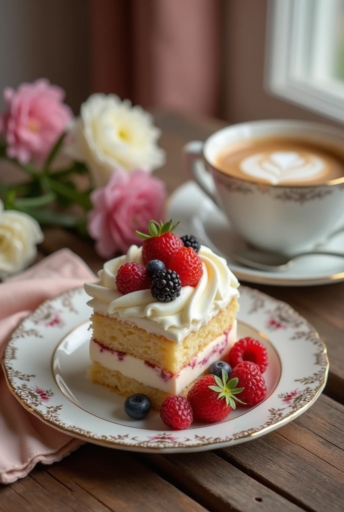 Fresh cream cake and coffee with fresh cream