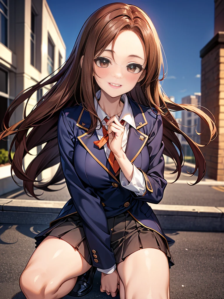 One person, Chestnut Hair, Semi-long hair,Half Up,Large Breasts, smile, Droopy eyes, Quiet,perspective, height: 165cm,High School Uniform,Navy blue blazer,White blouse,Orange ribbon tie,Grey knee-length flared skirt,Anime Style,Knee-length skirt,Healthy sex appeal,High resolution, Anatomically correct, 最High quality, Corruption, detailed, High detailed, High resolutionモデル, High quality, quality, Very detaileded, 超High resolution, Textured skin, Hair blowing in the wind, Exposed forehead,happiness, Viewfinder, smile, Multiview, 