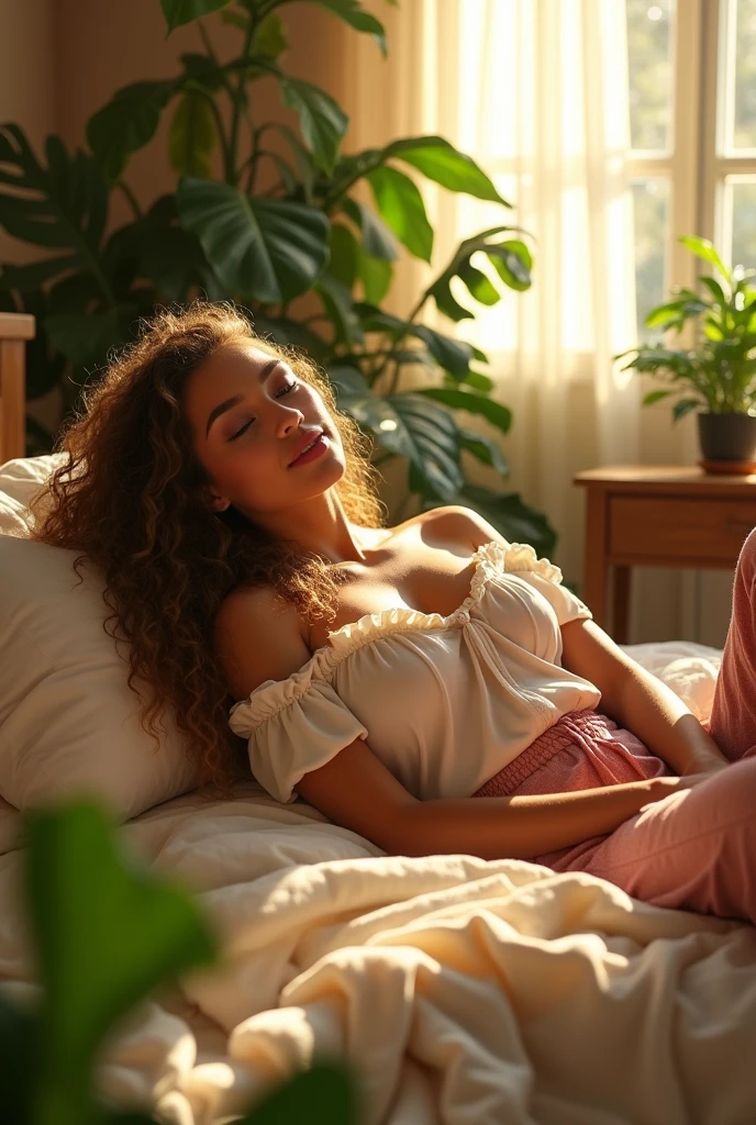 (photorealism:1.2), beautiful woman, sitting on bed, wearing loose off-shoulder top, pajama pants, long curly hair, indoors, soft lighting, plants in background, window with sunlight, cozy room, relaxed pose, realistic, intricate details, warm colors, by Greg Rutkowski, by Alphonse Mucha