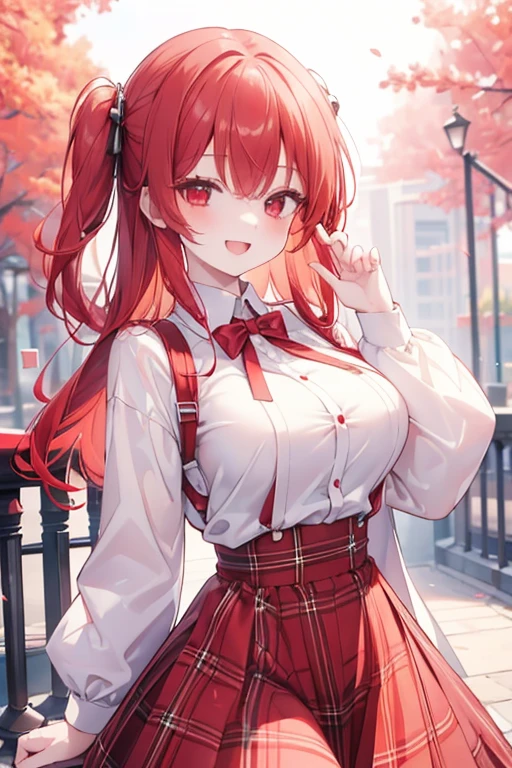 (masterpiece, best quality), intricate details,
1girl, red hair, red eyes, light red hair, white hair tips,
Big breasts, smiling, opened mouth, wear white shirt, long Sleeve shirt, red checkered shirt, Park background