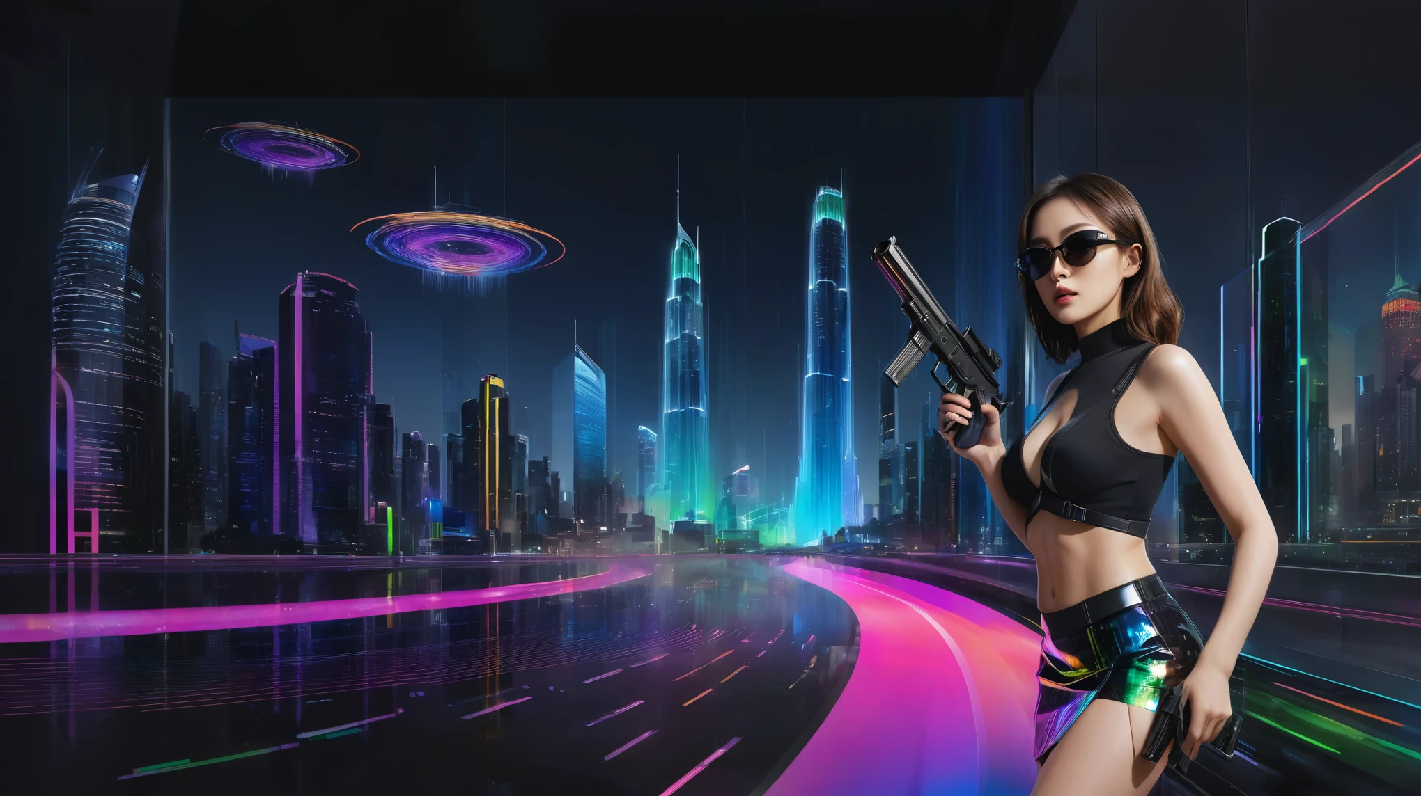 Futuristic cityscapes with colorful all-glass towering skyscrapers, sleek aerodynamic vehicles speeding through the air, rainbow colors waterfalls. High-resolution OLED GUI interfaces in the building, The windows are filled with transparent data visualization infographics that show it all, from weather patterns to traffic flow, Matrix cascading code. Colors are saturated and vibrant. At night, (1girl, solo), photo realistic, medium-breast:1.3 slim body, cleavage, sexy costume, miniskirt, (matrix style black sunglasses, holding a short gun), half-body thigh level medium shot, cinematic lighting, ray tracing.