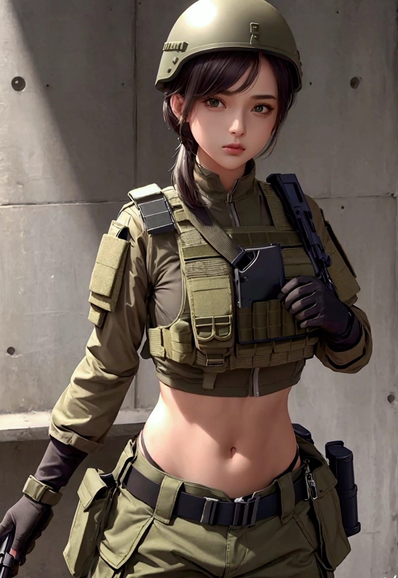 girl in crop top military bulletproof vest , military green cargo pants, belt, military helmet, tactical, (open navel), 