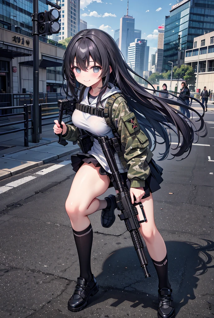 One person, High resolution, Long Hair, Gaze, smile, masterpiece, accurate, Highest quality, Ultra high definition, Large Breasts, high school girl、mini skirt、Urban background、Pistol、Sniper、special forces、Multicam camouflage uniform、Assault rifle、ar15