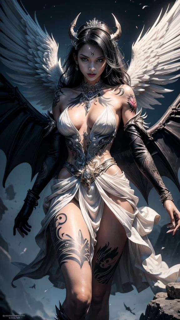 ((Perfect dynamic composition:1.7, Detailed tattoos all over the body:1.6, Wear exquisite jewelry:1.6)), Highly detailed skin and face:1.3, Details of the limbs, Wings on the shoulder, Angel wings and devil wings, White wings and black wings, (Realistic picture, highest resolution), (A demon god with wide wings and enormous power on his shoulders., Twelve wings on the shoulders, black bat wings:1.2, white angel wings:1.5), 6 angel wings, 6 devil wings, (Beautiful girl with two meter long hair, Shiny black hairงาม, Smooth white skin, Lips are very red.), ((stand, เรียบร้อยalready)), (หน้าอกbig, เต้านมbig), (gigantic breast, breast augmentation, Breast 400 cc., small waist, hips raised, small thighs, Long legs), (dynamic poses), (Armor that slightly covers the body), Separate theme, (Angel wings and devil wings), floating in the air above the groundดิน, background darkness, Embraced with twelve wings, The horns growing from his head resemble a crown., Those who have light, Wearing little armor, Energy comes out of the body., sparkling wings, White light, black light, Amazing wings, beautiful posture, 8K resolution, Resolution 4000 x 2250 pixels, beautiful posture, Angel wings and devil wings, (Realistic picture, highest resolution), (A demon god with wide wings and enormous power on his shoulders., Twelve wings on the shoulders, black bat wings:1white angel wings 3 อัน:1.5), Angel wings and devil wings, White wings and black wings, Angel wings and bat wings, Wings between wings, 12 Wings, 6 angel wings, 6 bat wings, Angel wings and devil wings, White wings and black wings, (Beautiful girl with two meter long hair, Shiny black hair, Smooth white skin, Lips are very red.), My hair is very long., ((stand, already)), (หน้าอกbigโต, เต้านมbig), (gigantic breast, small waist, hips raised, small thighs, Long legs), (dynamic poses), (Black and white tight dress, There are beautiful patterns., Decorated with gold embroidery, Show your breasts), Separate theme, (Angel wings and devil wings), floating in the air above the ground, background darkness, Embraced with twelve wings, He is both white and black., A glowing rainbow on the back of the head, The biggest breasts, big, Backdrop of the Universe, dynamic gesture, Drive skin, Smooth white skin, (The wings are layered., Alternate with white, Alternate with black), Separate the wings of the god and the wings of the devil, Show the whole body and wings